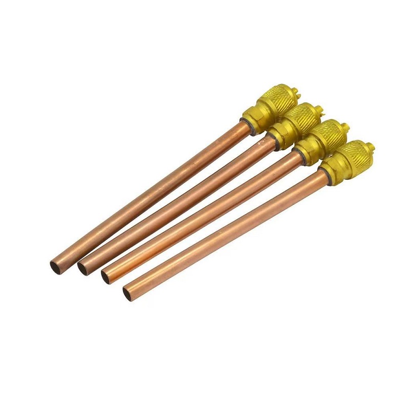 Copper access valve with brass Schrader core for refrigeration charging