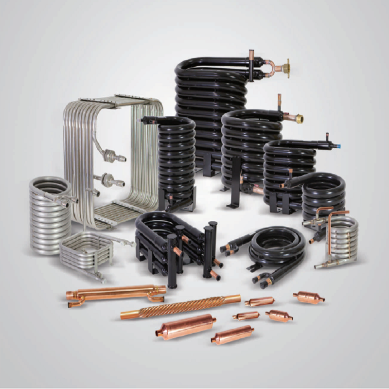 coaxial tube heat exchangers for HVAC/R: stainless and black-coated coils with manifolds, brackets, and copper fittings, various sizes.