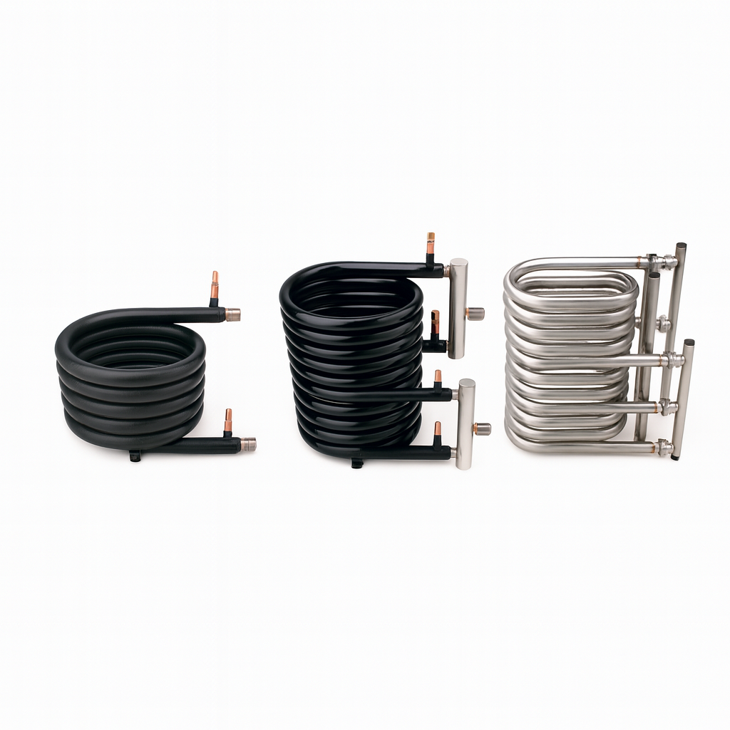 Coaxial tube heat exchangers in copper and stainless steel for HVAC and heat pump applications