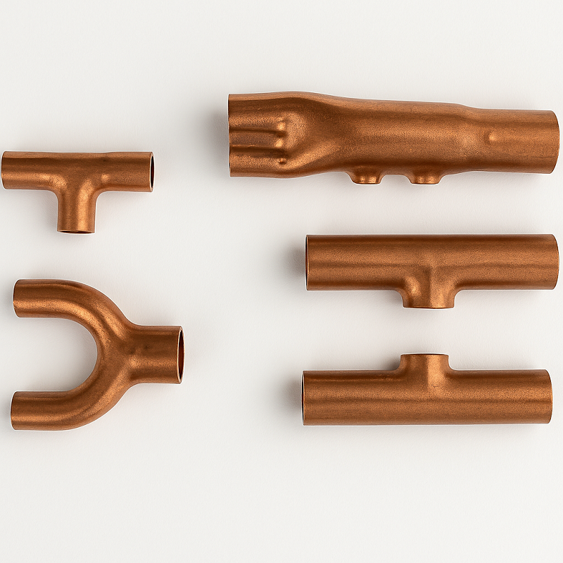Copper branch fittings including T-type, Y-type, and multi-outlet distributors