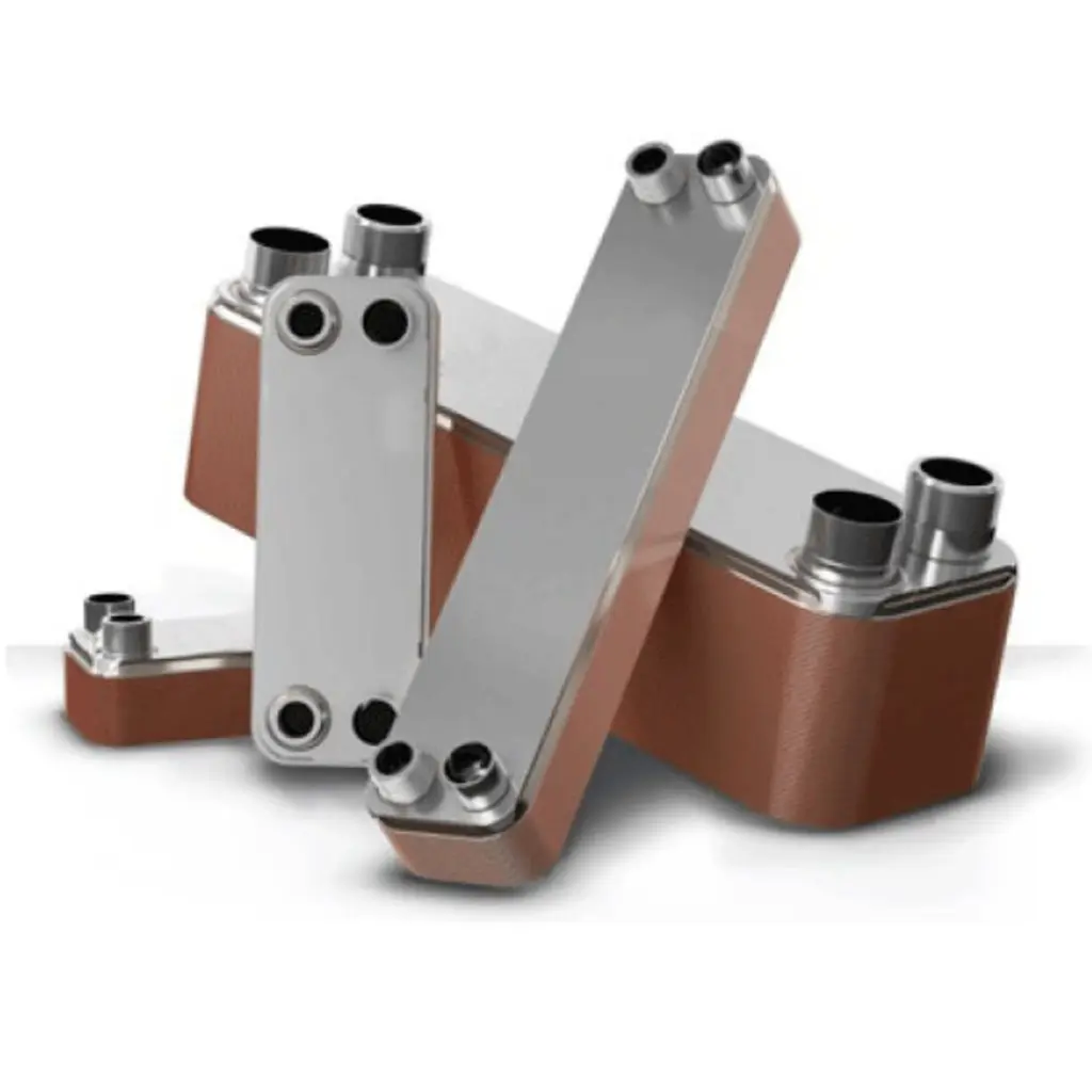 KAK brazed plate heat exchanger for chiller and HVAC systems with AISI316L stainless steel plates and high-pressure resistance.