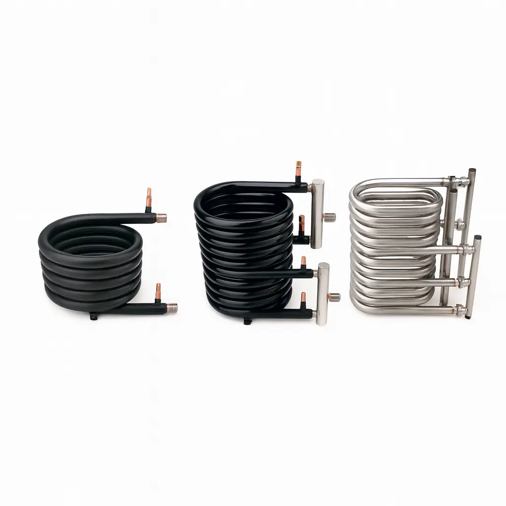 UL/CE certified coaxial tube heat exchangers in copper, titanium, and stainless steel for HVACR and heat pump systems