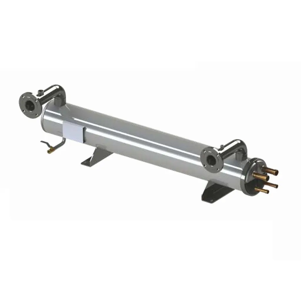 KAK industrial shell and tube heat exchanger with patented spiral baffle design for HVAC and refrigeration systems.