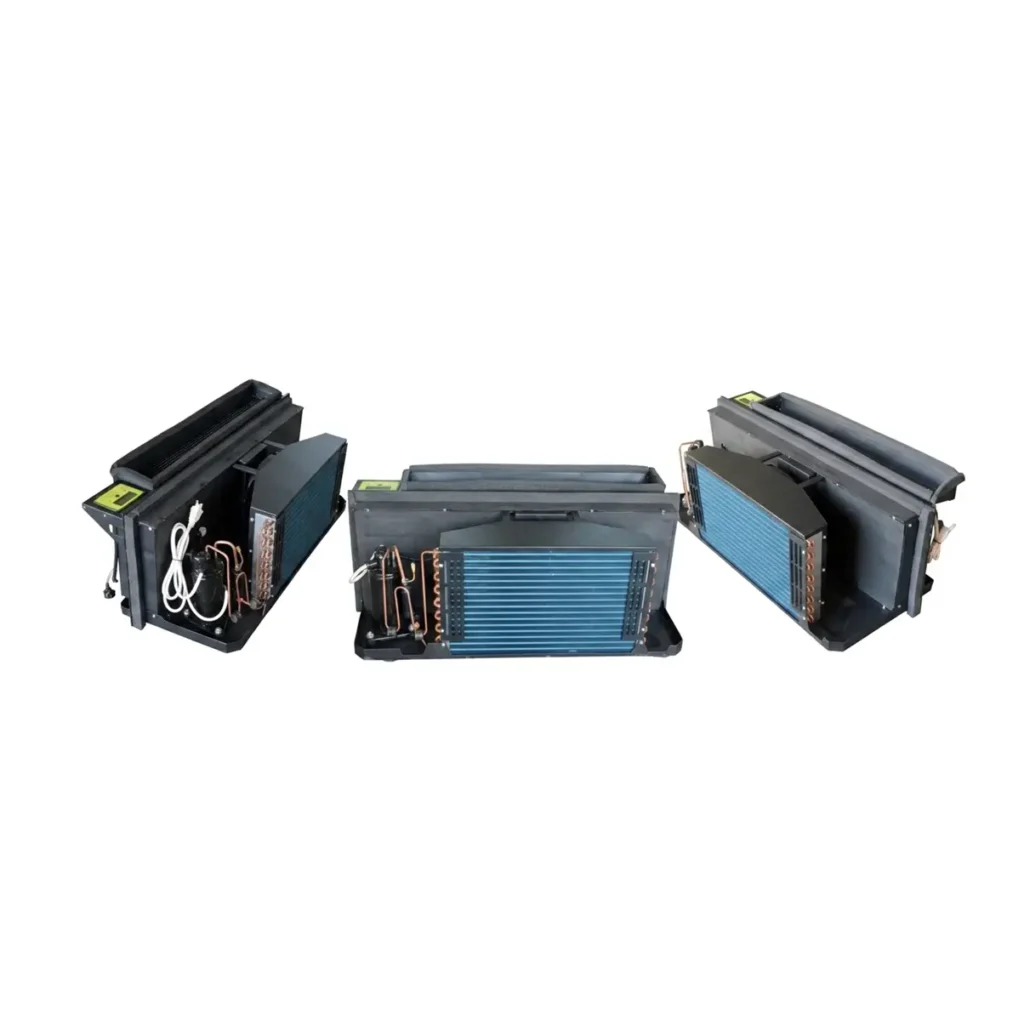 Packaged Terminal Air Conditioner PTAC unit chassis with rotary compressor and blue hydrophilic fins