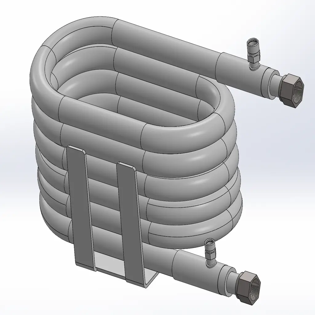 Compact U-shaped automotive coaxial heat exchanger with MIO connections for vehicle HVAC systems.