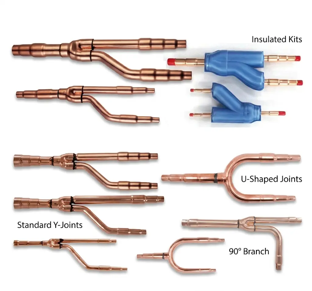 Copper refnet joints and branch pipes for VRF HVAC systems, showing Y-joints, U-shaped joints, and insulated kits.